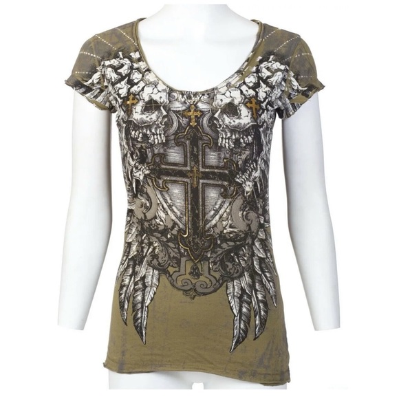 ARCHAIC by AFFLICTION Womens T-shirt Criterion Skulls Green Slim Fit S-XL - Picture 5 of 9